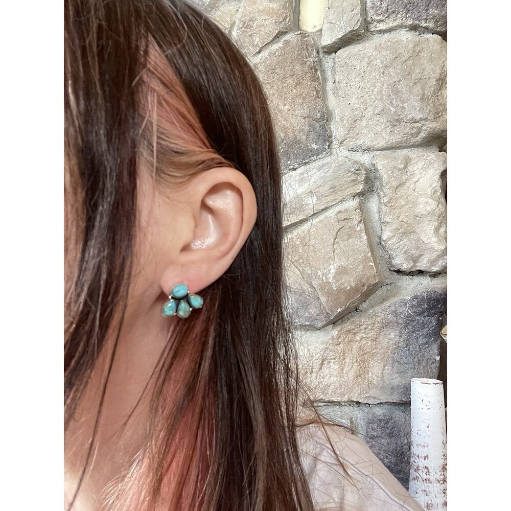 Native American Style Sterling Silver Turquoise Cluster Earrings Southwest Boho - Picture 4 of 9